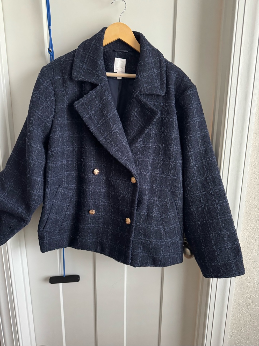 LC Lauren Conrad Navy Tweed Double-Breasted Blazer